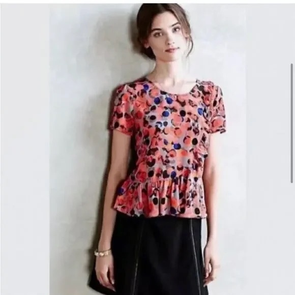 HD in Paris Anthropologie 100% Silk Sz 4 Ruffled Dotted Blouse Preppy Summer - Picture 2 of 10